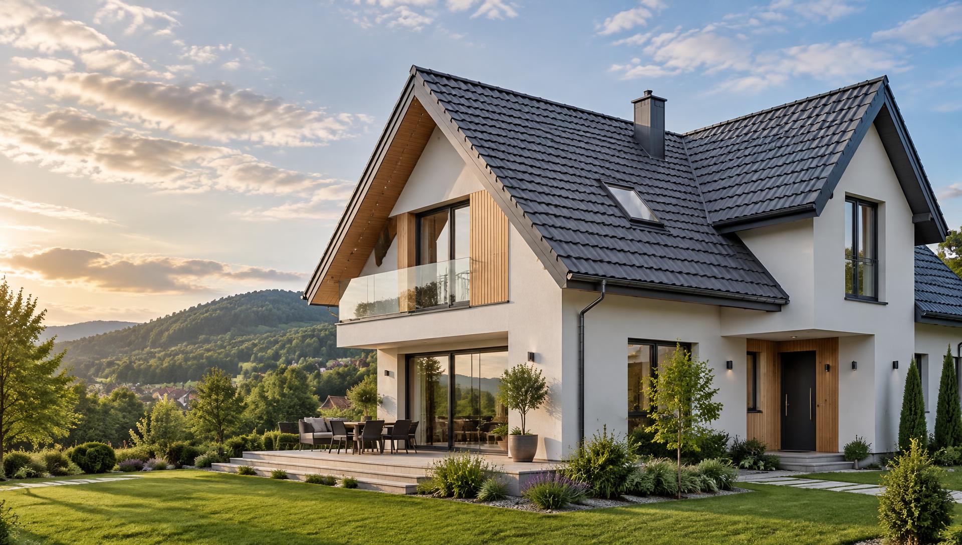Casă contemporană cu acoperiș din țiglă metalică antracit
